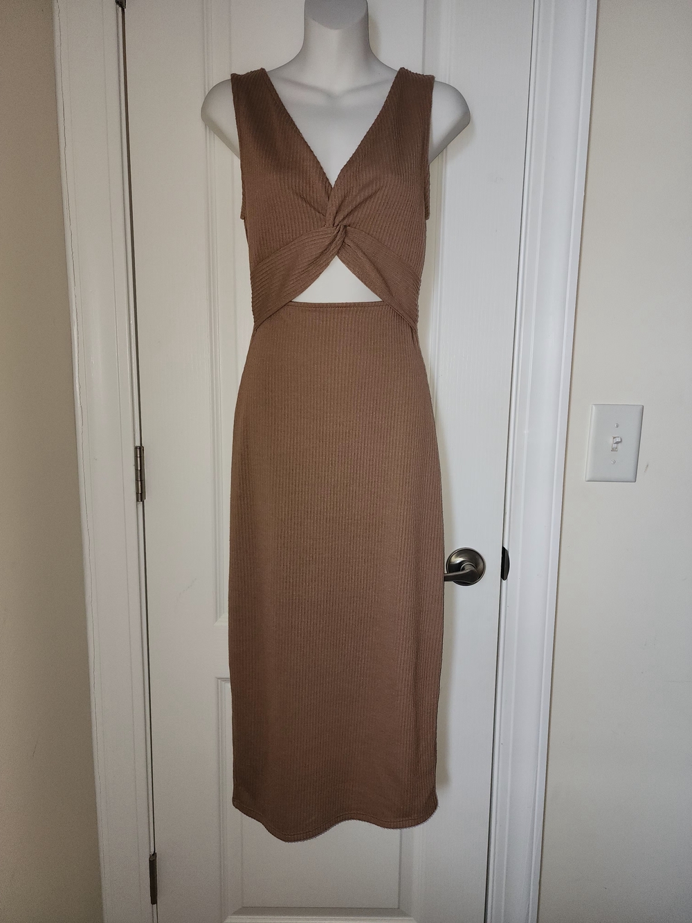 Sleeveless Twist-Front Midi Dress in Brown